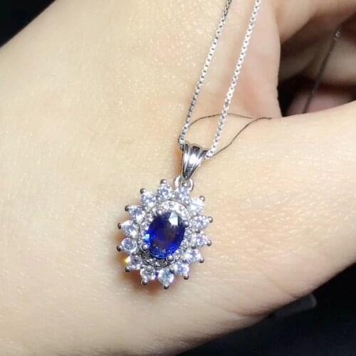 Natural blue sapphire Pendant natural gemstone pendant S925 silver Elegant simple Diana round Women girl party wedding jewelry
