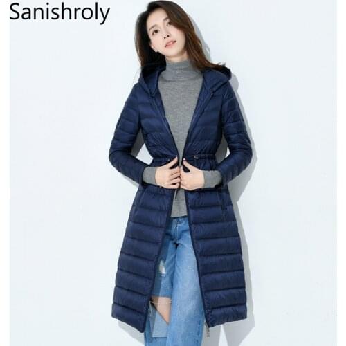 Sanishroly 2018 Women White Duck Down Jacket Tops Slim Ultra Light Down Coat Parka Female Long Hooded Outerwear Plus Size S298