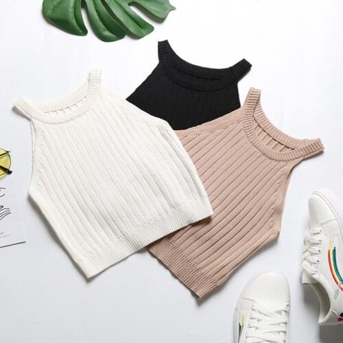 Women Underwear Stripe Vest Breathable Solid Color Knitted Camisole Female Summer Sleeveless Sexy Casual Wild Short Top