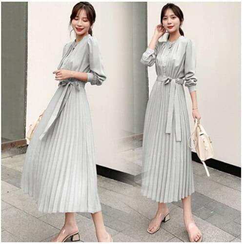 2021 New Women Clothing Autumn Runway Designer Long Sleeve Pleated Dresses Fashion Bow Belt Korea Dress Vestidos