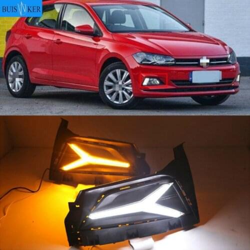 1 Pair Car DRL LED Daytime Running Light Fog Lamp Sequential Yellow Turn Signal Function 12V For Volkswagen Polo 2018 2019