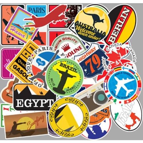 100Pcs/set Outdoor Travel Map Country Famous Logo PVC Waterproof Stickers Decor For Suitcase Bicycle Car Guitar Skateboard
