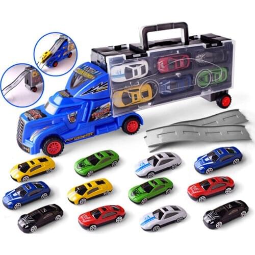 15 pieces/ set Trailer Carrier Container Truck Toy with 12 Mini Car & 2 Tracks Boys Kids Train & Car Vehicle Playset Racing Car