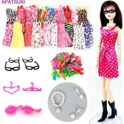 30 items/set Doll Accessories = 10 Pairs Shoes & 10 Fashion Dresses For Barbie Doll Outfit Clothes Necklace Earring Glasses Comb