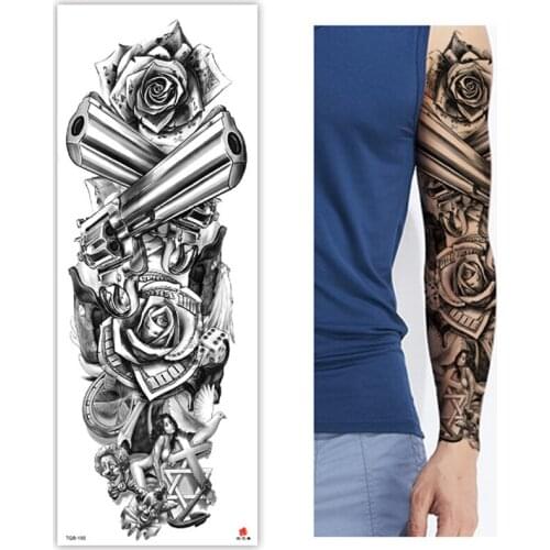 Large Arm Sleeve Tattoo Gun Rose Clown Waterproof Temporary Tatoo Sticker Pigeon Sexy Girls Cross Men Full Skull Totem Tatto