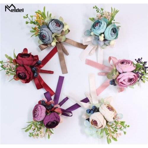 Meldel Boutonniere Men Wedding Corsage Rustic Bridal Wrist Flowers Blue Burgundy Groomsmen Corsages Party Meeting Personal Decor