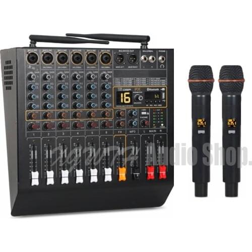 6 Channel 16 DSP Digital Effect Power Amplifier Studio Audio Mixer Bluetooth USB Mixing Console 2 Handheld Wireless Microphone