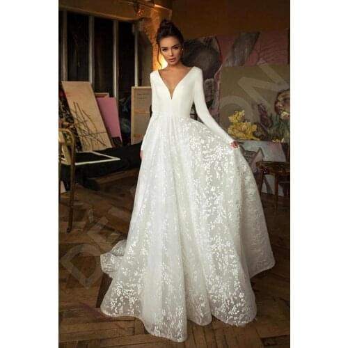 Floral Long Sleeve Boho Wedding Dress 2019 Deep V Neck Backless A Line Bridal Dress Beach Wedding Gowns For Bride