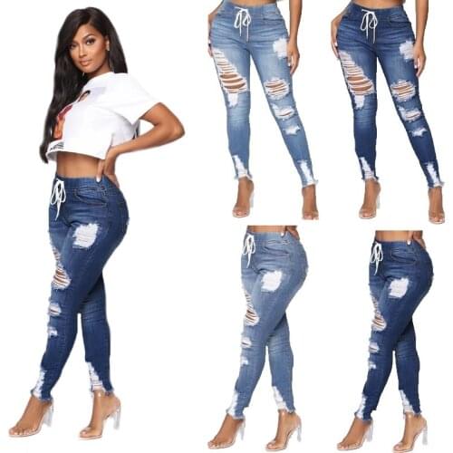 Spring Summer High Waist Drawstring Lace Up Denim Jeans For Women Ripped Hole Skinny Full Length Pencil Pants