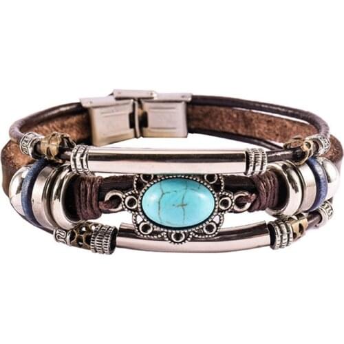 FYSL Silver Plated Geometric Shape Green Turquoises Stone Leather Bracelet Ethnic Style Jewelry