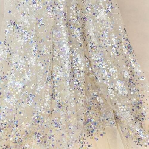 Laser- SEQUINS FABRIC embroidery lace fabric Wedding Dress Tulle Skirt Material fabrics for patchwork kumas telas por metros