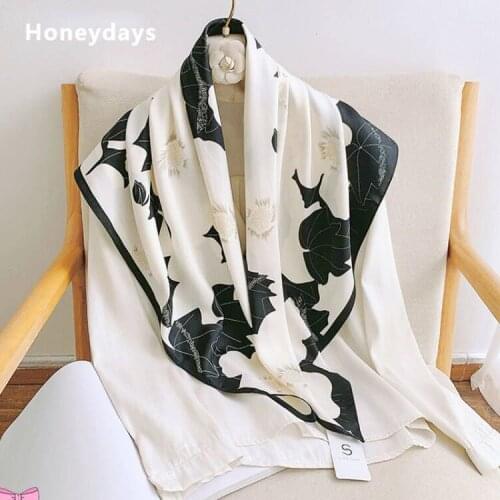 Luxury Brand Floral Print Imitation Silk Square Scarf Classic Black and White Shawl Muslim Hijab Beach Sunscreen Bag Head Scarfs