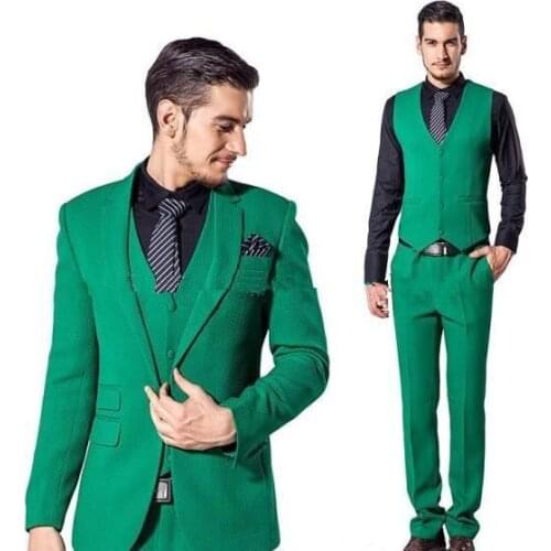Notch Lapel Green Men Suits Fashion Terno Masculino 4Pieces(Jacket+Pant+Vest+Tie+Handherchiefs) Formal High Quality Custme Made