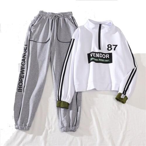 2021 New Spring Autumn Fashion Casual Sportswear Cargo Pants Women Loose two-piece Women Joggers+ Sweatshirt Pullover
