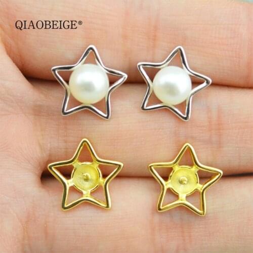 QIAOBEIGE diy pearl mountings natural pearl earring 925 silver fine jewelry birthday best gift white gold five-pointed E3568