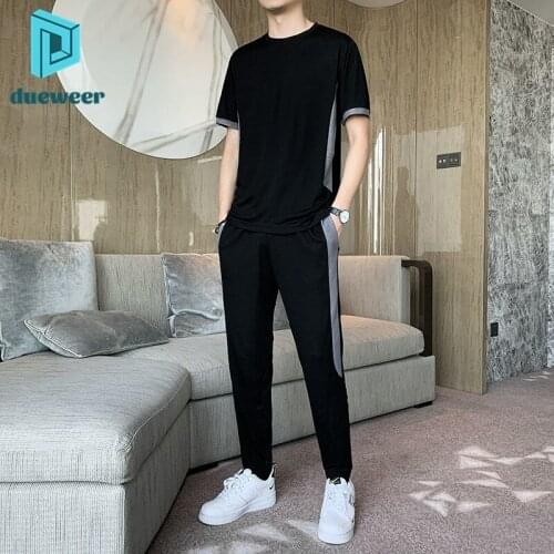 DUEWEER Men Sports Suit Summer Ice Silk Short Sleeved t-Shirt Tops Trousers Breathable Loose Casual Two-Piece Set Large Size