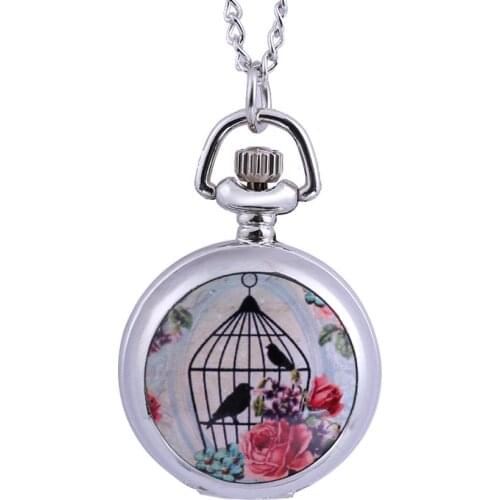 Trend retro bird cage pattern silver open cover pocket watch belt chain men and women accessories