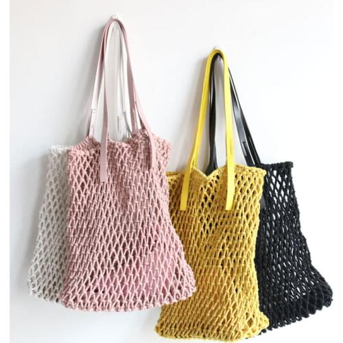 Casual hollow rope woven large capacity tote candy color rattan women shoulder messenger bags summer beach handbags lady purses