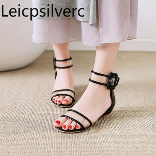 Womens Sandals summer The New fashion Open toe zipper belt buckle Wedge Low-heeled Womens shoes plus size 34-43