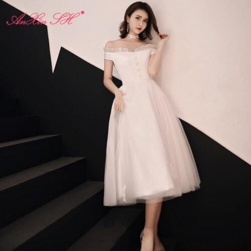 AXJFU Luxury boat neck white evening dress princess button lace up white ruffles lace a line evening dress little white dress