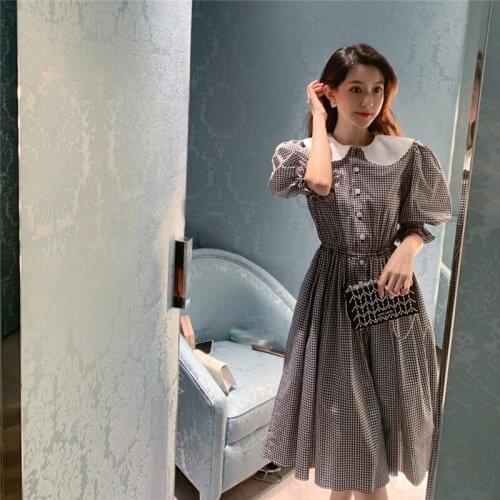 Vintage Plaid Dress Women Vestidos 2021 Peter Pan Collar Puff Sleeve Dress Single Breasted A-line Midi Dress Vestido De Mujer