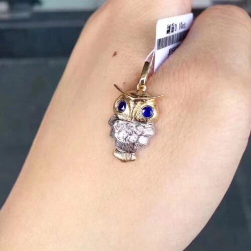 18K gold owl pendant with sapphire eye gemstone jewelry cute multi-tone gold fine women jewelry free shipping