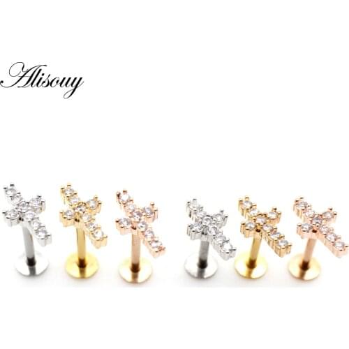 Alisouy 1pc Steel Zircon CZ Cross 16G Tragus Helix Labret Lip Bar Rings Stud Cartilage Ear Piercings Body Jewelry For Women Men