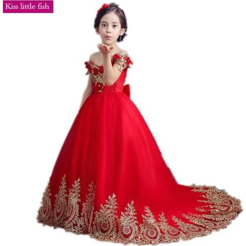 Free shipping Red long Trailing girls dresses for party and wedding Girls dresses 2019
