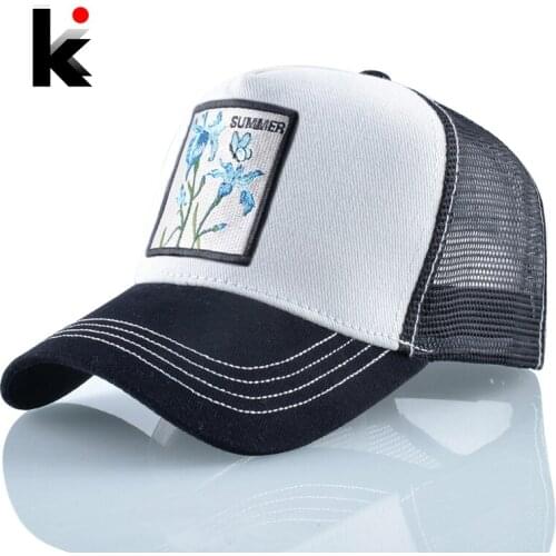 Snapback Hats For Men And Women Summer Breathable Mesh Baseball Cap Outdoor Sun Hat Flower Embroidery Hip Hop Trucker Bones
