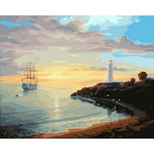 Frameless picture oil painting by numbers wall decor diy painting on canvas for home decor 4050 lighthouse and boat