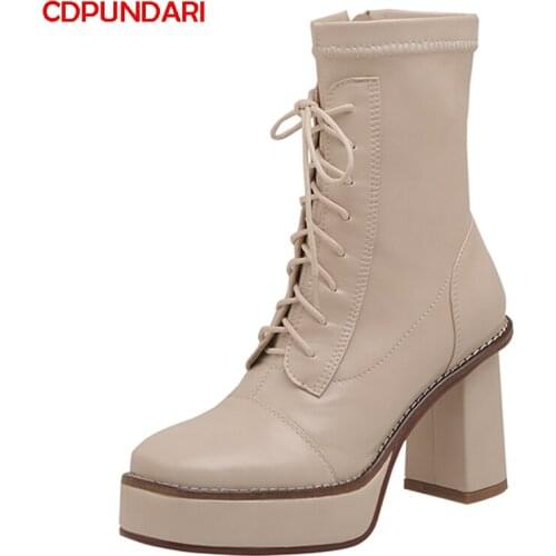 NEW Genuine Leather Platform Ankle Boots For Women Autumn Winter High Heels Boots Shoes Bottes Plateforme Femme Botines Mujer