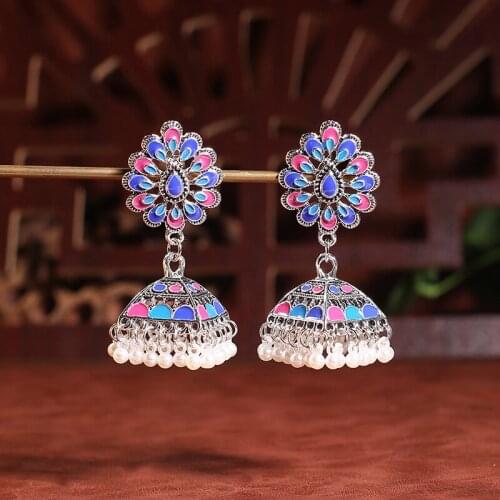 Ethnic Classical Corful Flower Indian Ladies Earrings Handmade Gypsy Earring Lantern Pearl Beads Tassel Palace Earrings