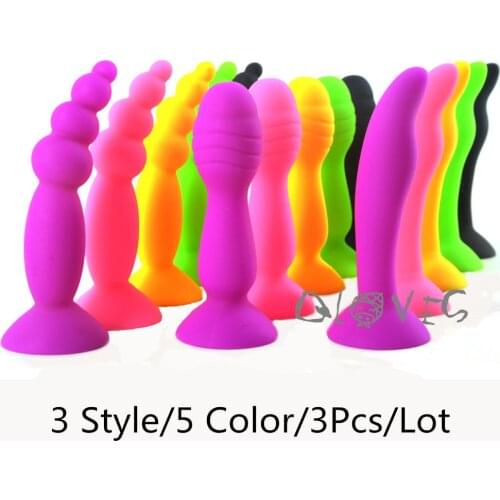 FAAK 3pcs/lot fluorescence colour anal plug sucker silicone butt plug beginners anal sex toys beads stopper adult sex products