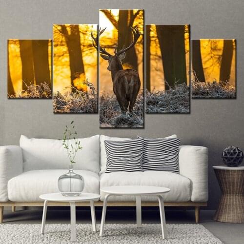 HD Wall Art Printed Canvas Home Decor Living Room 5 Pieces animal deer walking in fall trees Modular Posters Painting