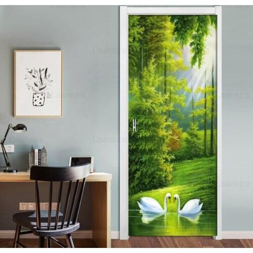 Lake View Swan Oil Painting 3D Door Sticker PVC Waterproof Self-adhesive Wallpaper Wall Stickers Living Room Door Decor Decals