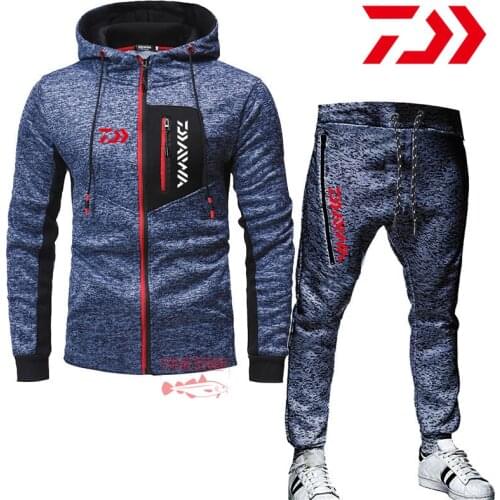 Daiwa Fishing Hooded Suit Outdoor Casual Sport Clothes Mens Autumn Winter Clothing Cotton Two Piece Sweatshirt Fishing Pants