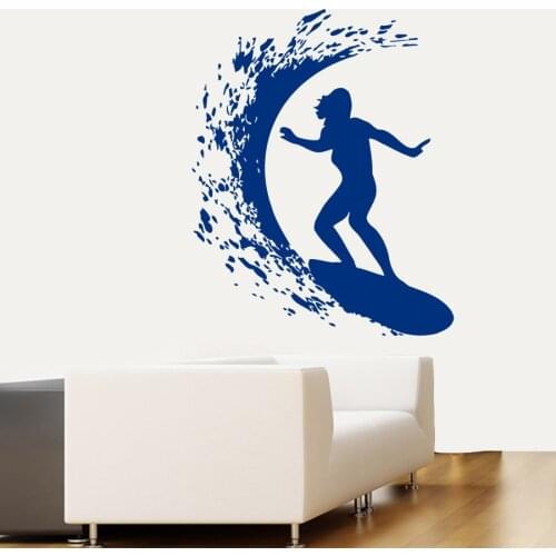 Cool Surfer Woman Surfing Patterned Wall Decals Home Bathroom Special Decor Vinyl Wall Poster Surfing On The Sea Mural Wm-029