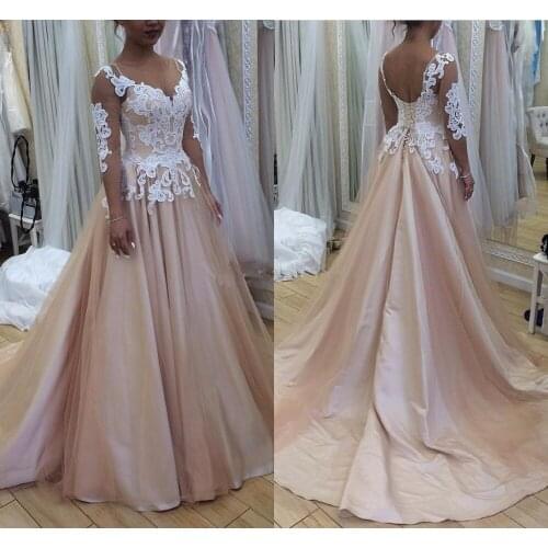 2021 Champagne Wedding Dresses Sheer Neck 3/4 Sleeves Lace Tulle Satin A line Wedding Gowns Backless Plus Size Bridal Dress