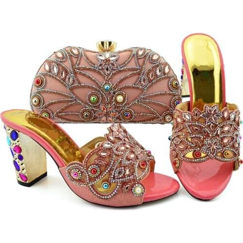 Hot sale peach women pumps with big crystal and beads for dress african shoes match handbag set GFN1902