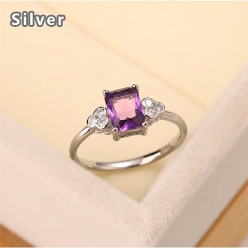 Best selling European and American fashion S925 Sterling Silver Purple ring zircon lucky square crystal jewelry womens gift
