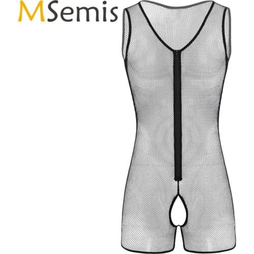 Mens Lingerie Crotchless Swimsuit See Through Sheer Fishnet Outfit U-neck Front Zipper Tank Leotard Bodysuit Jumpsuit Underwear