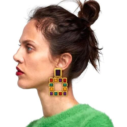 2020 ZA Earrings Woemn Geometric Square Heavy Big Drop Earrings Woman Luxury Crystal Long Earrings Indian Jewellry