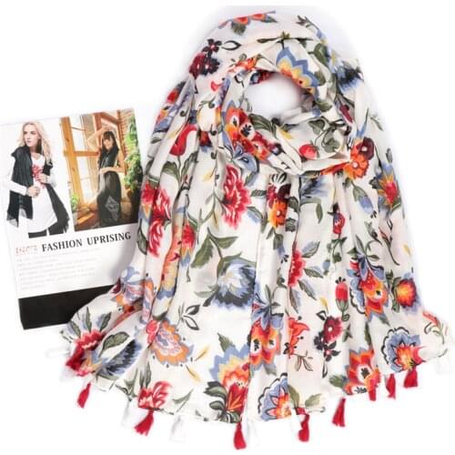 Lovely Women Garden Floral Tassel Viscose Shawl Scarf From Spain Soft Echarpe Foulards Femme Bufandas Muslim Hijab Caps 180*90Cm