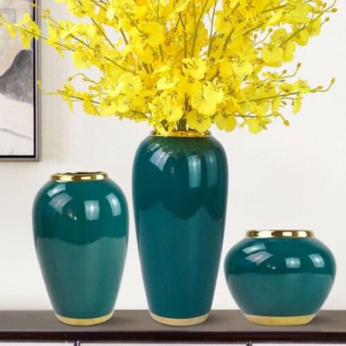 Modern Home Living Room Desktop Flower Arrangement On Glaze Ceramics Dark Green Vase Crafts Ornaments