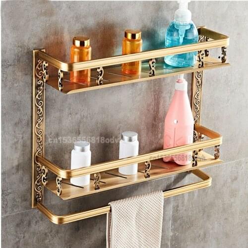 European Style Bathroom Rack Space Aluminum Double-layer Rack with Pole Wall Racks for Cosmetics and Toiletries Towel Rack