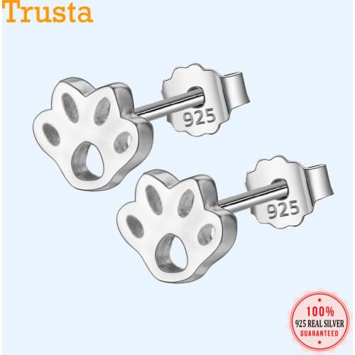 Trustdavis Authentic 925 Sterling Silver Fashion Cute Cat Dog Paw Footprints Stud Earrings For Women Wedding Jewelry Gift DS334