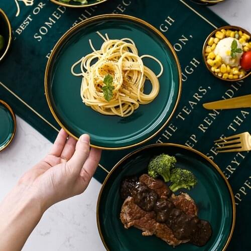 Green Ceramic Gold Inlay Plate Steak Food Plate Nordic Style Tableware Bowl Dessert Dish Dinner Dish Dinnerware Set