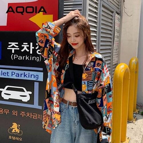 AQOIA Korean style Patchwork Long Sleeve Loose Women Blouse Shirt INS Button Up Plus Size Ladies Shirts 2020 Autumn Female Tops