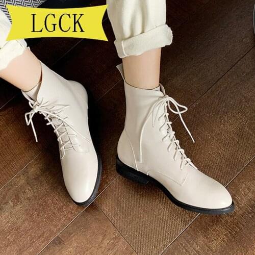 Plus Size 34-43 Leather Ankle Boots Women Autumn Winter Low Square Heels Cross Strap Shoes Woman Round Toe Black Beige Boots
