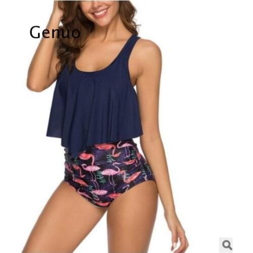 Women Ruched High Waist Bikini Plus Size Swimwear Summer Swimsuit Flamingos Beach Bathing Suit Ruffle Bikini Mujer